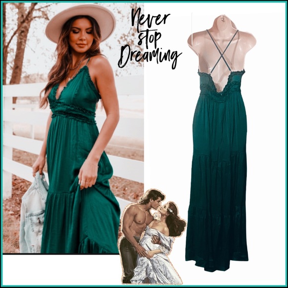 EMERALD GREEN CROSS BACK FRILLED TIERED MAXI DRESS Sz Small - Picture 3 of 10